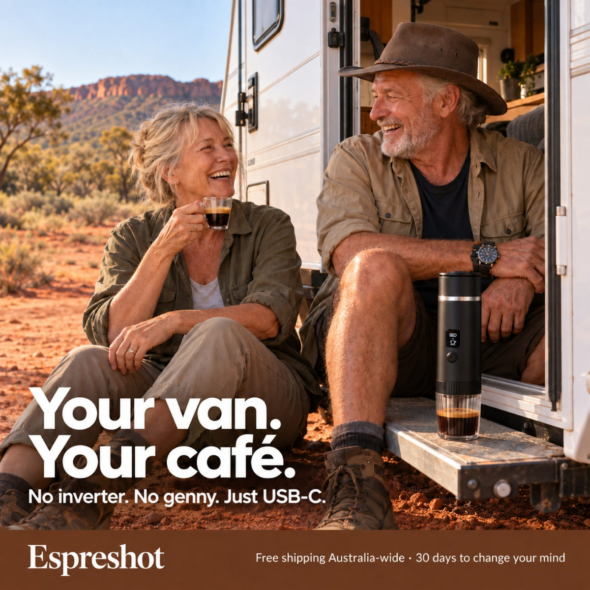 Couple at their caravan in the outback enjoying espresso from the Espreshot