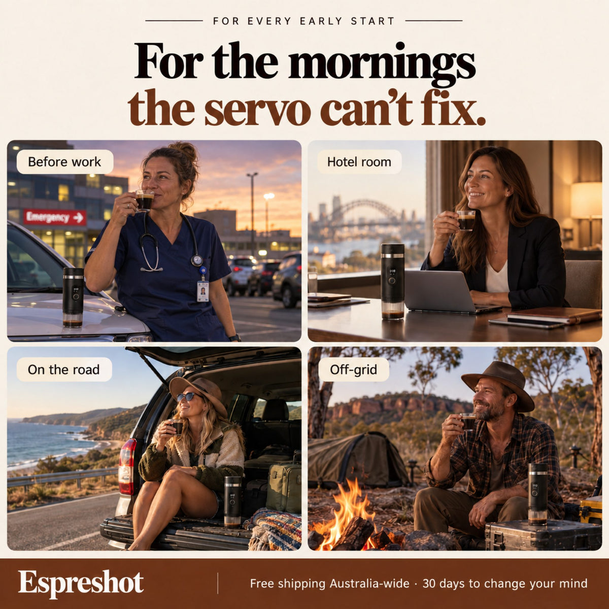 Espreshot before work, in a hotel room, on the road and off-grid