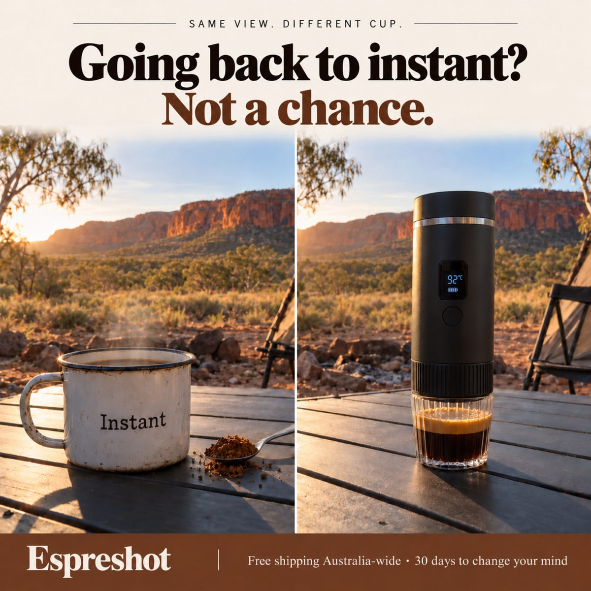 Instant coffee in a tin mug next to a real espresso from the Espreshot