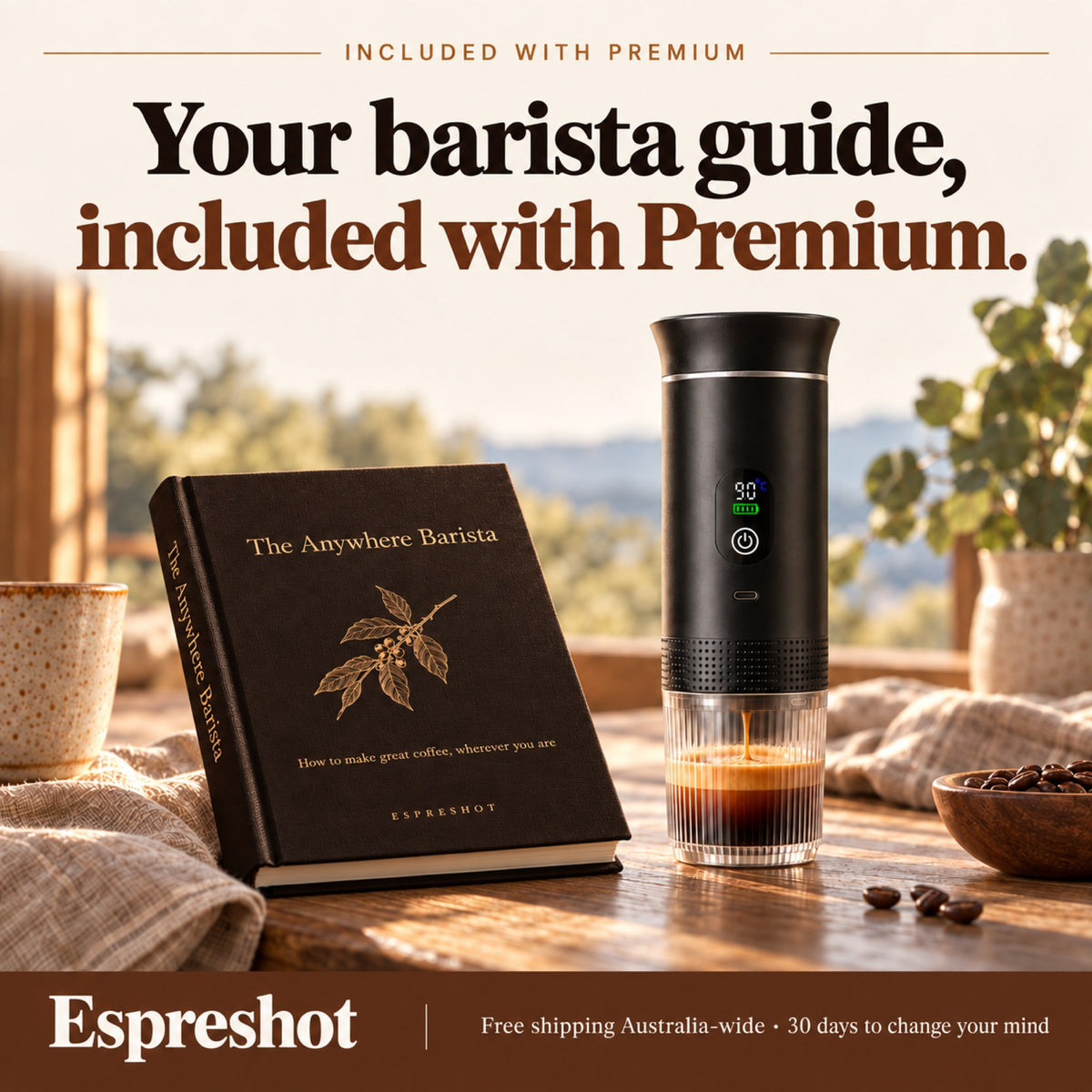Your barista guide, included with Premium: The Anywhere Barista next to the Espreshot