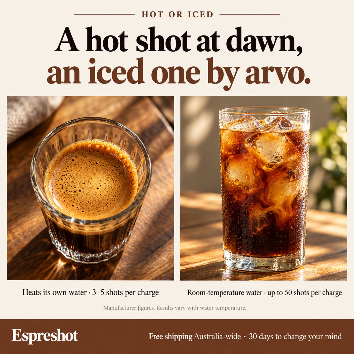 A hot espresso with crema or an iced coffee