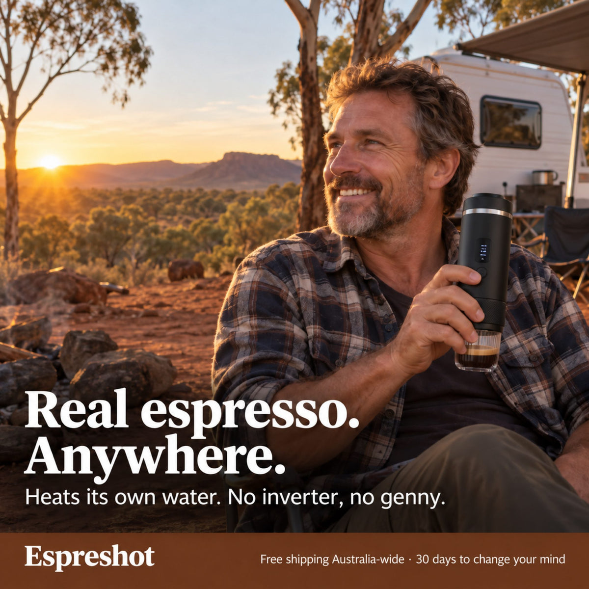 Man at a bush campsite at sunrise holding the Espreshot portable espresso machine