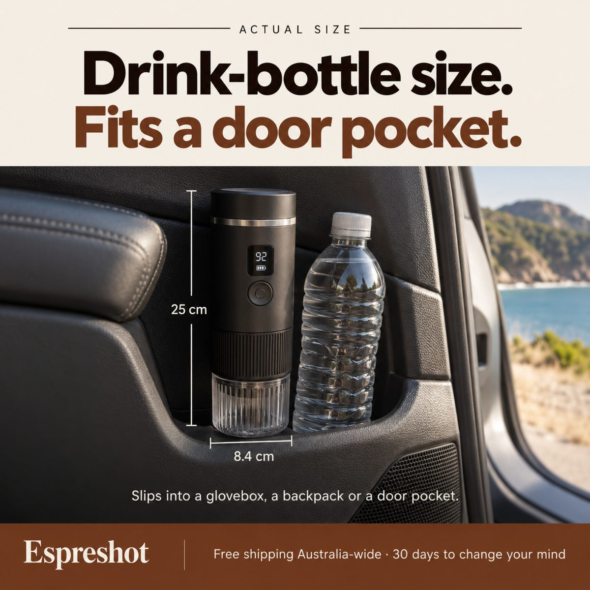 Espreshot in a car door pocket, 25 cm tall and 8.4 cm wide