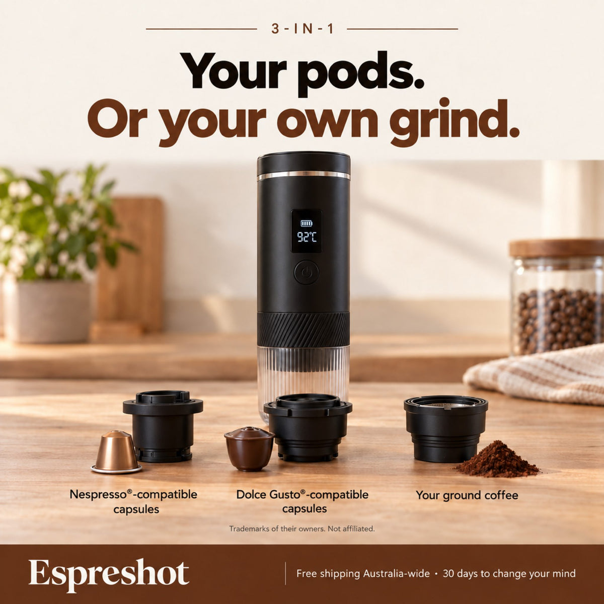 Espreshot with its two capsule adapters and ground coffee basket