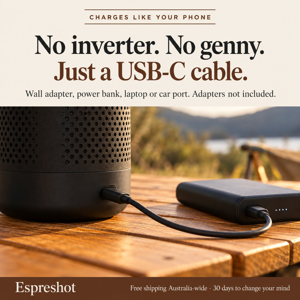 The Espreshot charging by USB-C from a power bank on a camp table