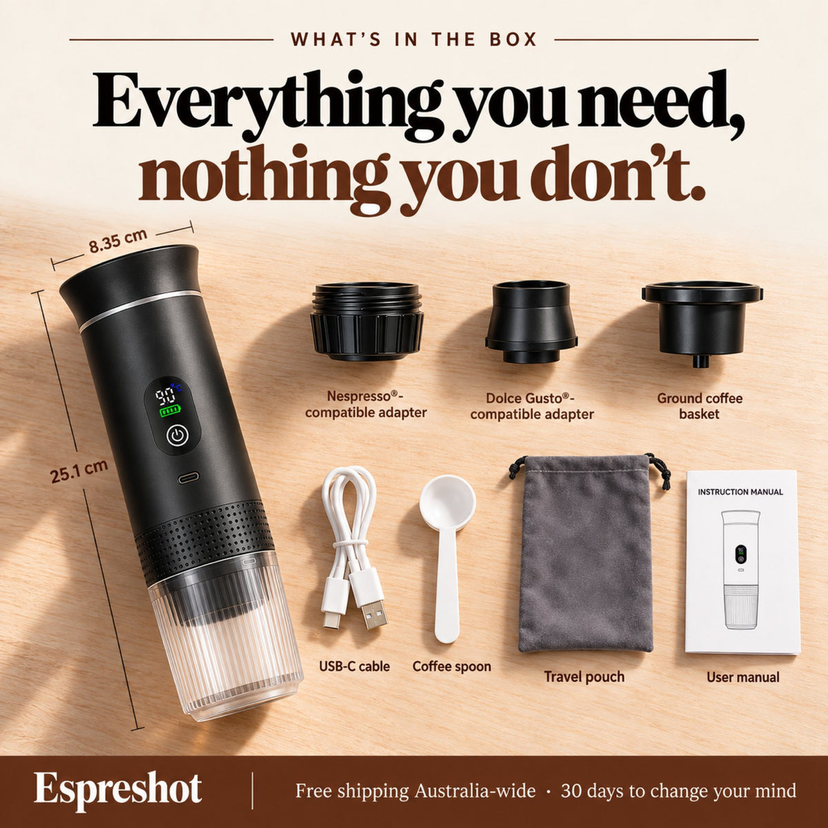 What's in the box: the Espreshot (8.35 × 25.1 cm), Nespresso-compatible and Dolce Gusto-compatible adapters, ground coffee basket, USB-C cable, spoon, travel pouch and manual