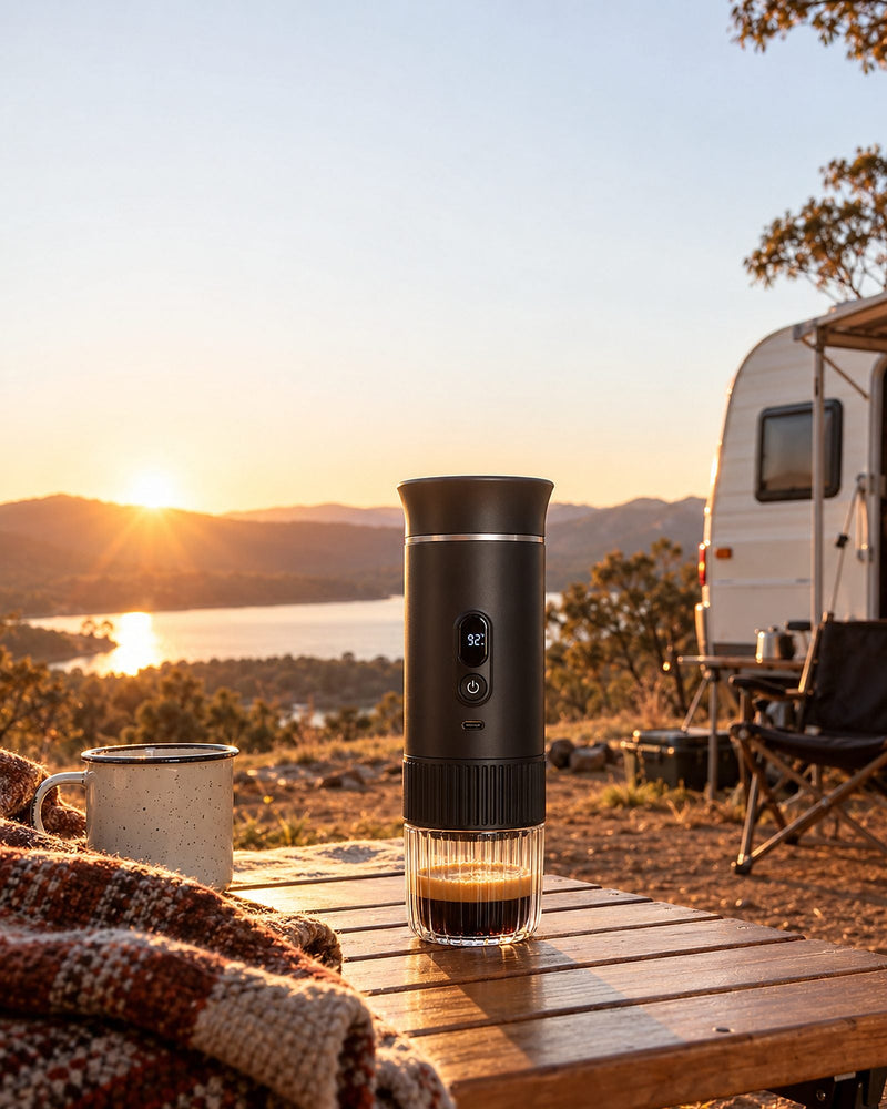 Pouring an espresso from an Espreshot portable espresso machine at sunrise