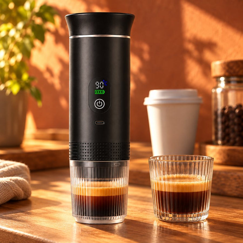 The Espreshot and a morning espresso on a kitchen bench