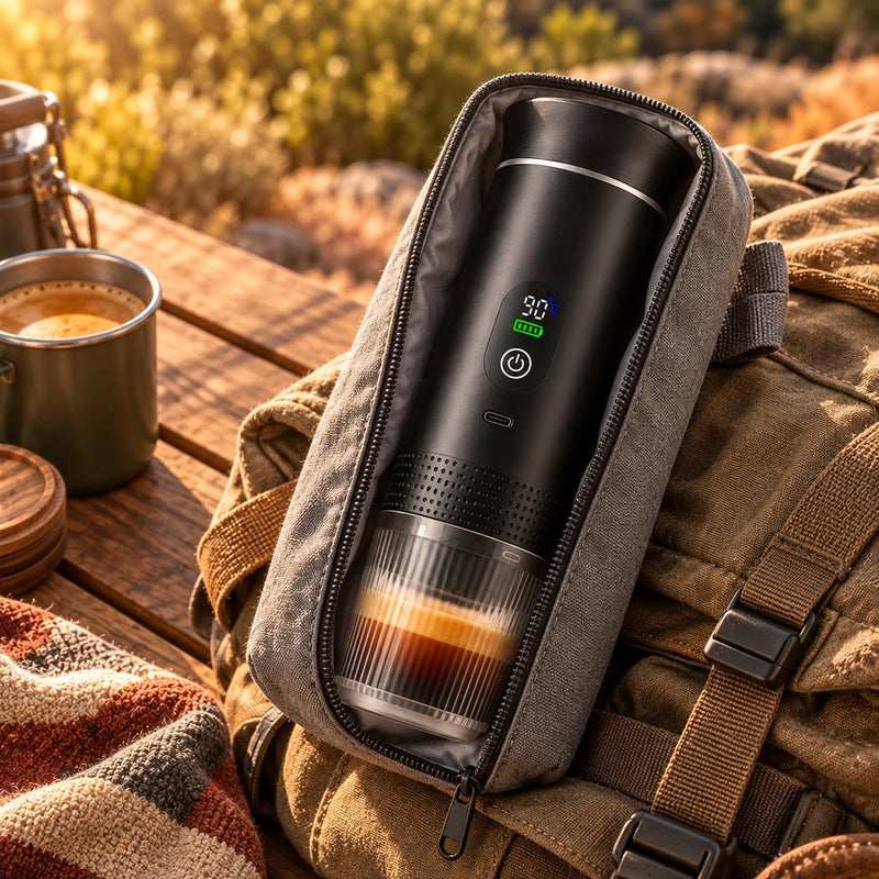 The Espreshot packed in its pouch on a camp table